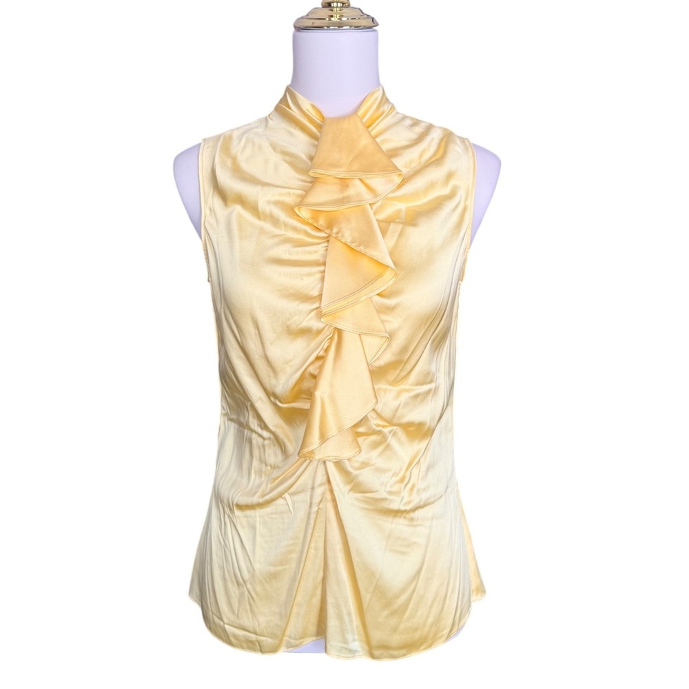Antonio Melani Yellow Silk Blend Ruffle Front Sleeveless‎ Blouse XS Mock Neck